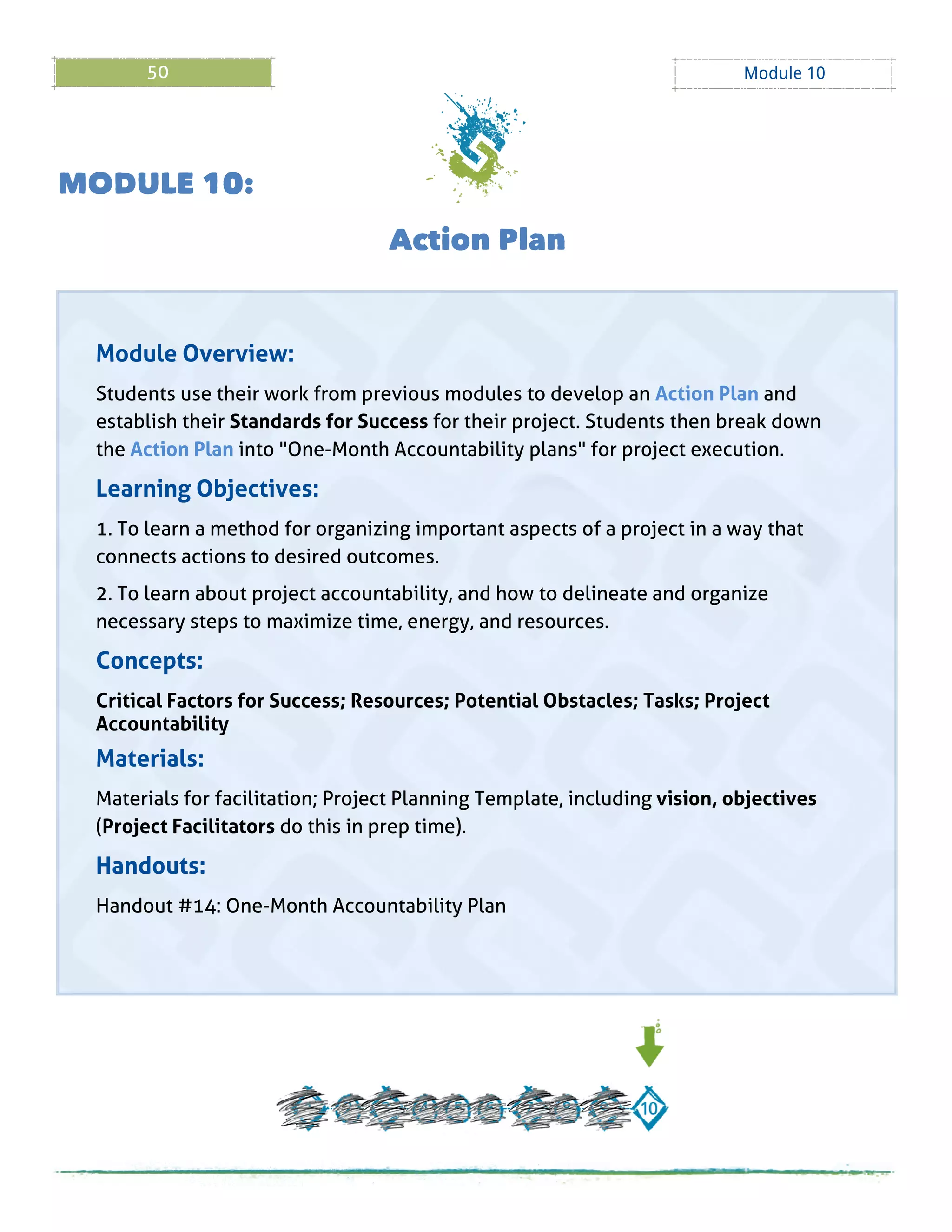 50 Module 10
M ODULE 10:
Action Plan
Module Overview:
Students use their work from previous modules to develop an Action Plan and
establish their Standards for Success for their project. Students then break down
the Action Plan into "One-Month Accountability plans" for project execution.
Learning Objectives:
1. To learn a method for organizing important aspects of a project in a way that
connects actions to desired outcomes.
2. To learn about project accountability, and how to delineate and organize
necessary steps to maximize time, energy, and resources.
Concepts:
Critical Factors for Success; Resources; Potential Obstacles; Tasks; Project
Accountability
Materials:
Materials for facilitation; Project Planning Template, including vision, objectives
(Project Facilitators do this in prep time).
Handouts:
Handout # 14: One-Month Accountability Plan
 