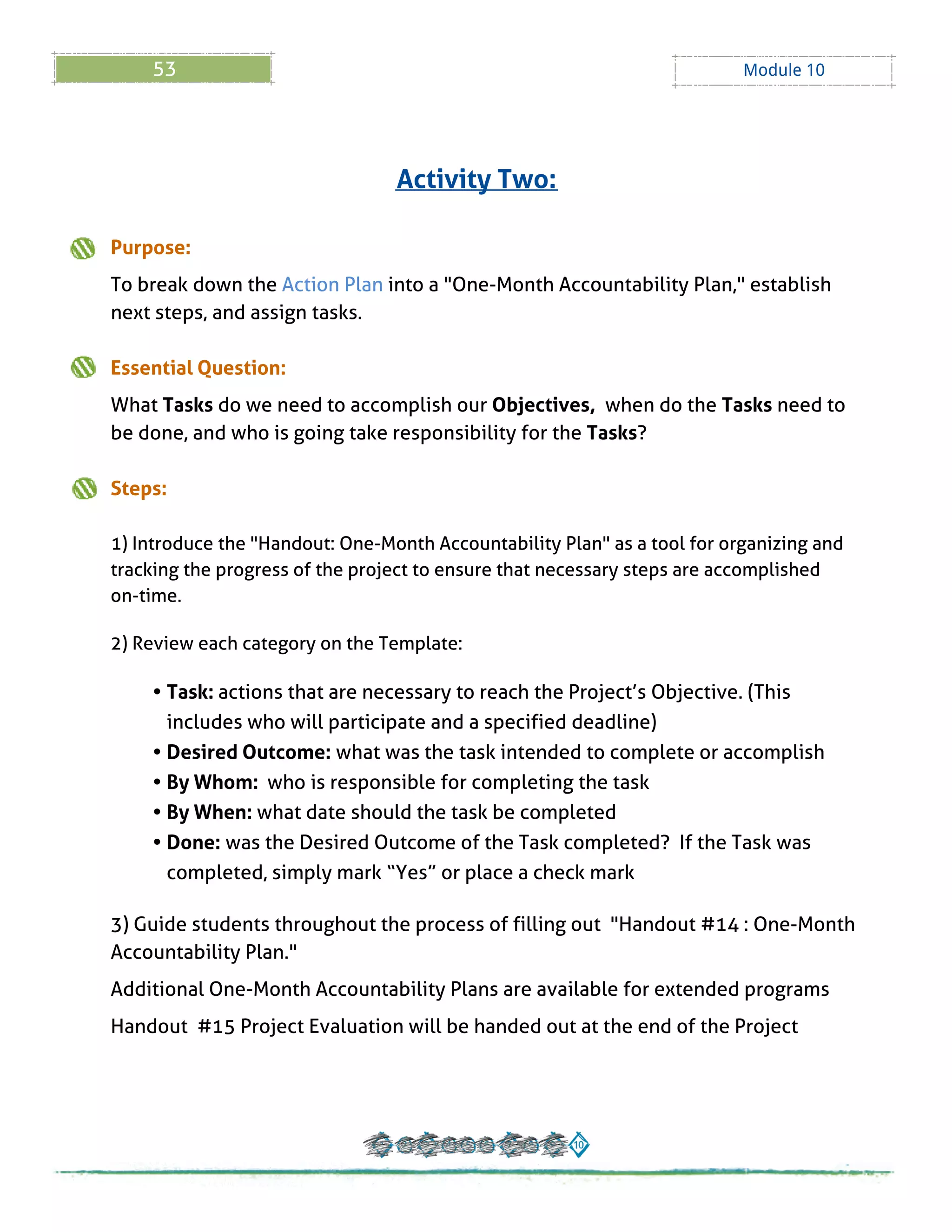 53 Module 10
Purpose:
To break down the Action Plan into a "One-Month Accountability Plan," establish
next steps, and assign tasks.
Essential Question:
What Tasks do we need to accomplish our Objectives, when do the Tasks need to
be done, and who is going take responsibility for the Tasks?
Steps:
1) Introduce the "Handout: One-Month Accountability Plan" as a tool for organizing and
tracking the progress of the project to ensure that necessary steps are accomplished
on-time.
2) Review each category on the Template:
- Task: actions that are necessary to reach the Project?s Objective. (This
includes who will participate and a specified deadline)
- Desired Outcome: what was the task intended to complete or accomplish
- By Whom: who is responsible for completing the task
- By When: what date should the task be completed
- Done: was the Desired Outcome of the Task completed? If the Task was
completed, simply mark ?Yes?or place a check mark
3) Guide students throughout the process of filling out "Handout # 14 : One-Month
Accountability Plan."
Additional One-Month Accountability Plans are available for extended programs
Handout # 15 Project Evaluation will be handed out at the end of the Project
Activity Two:
 