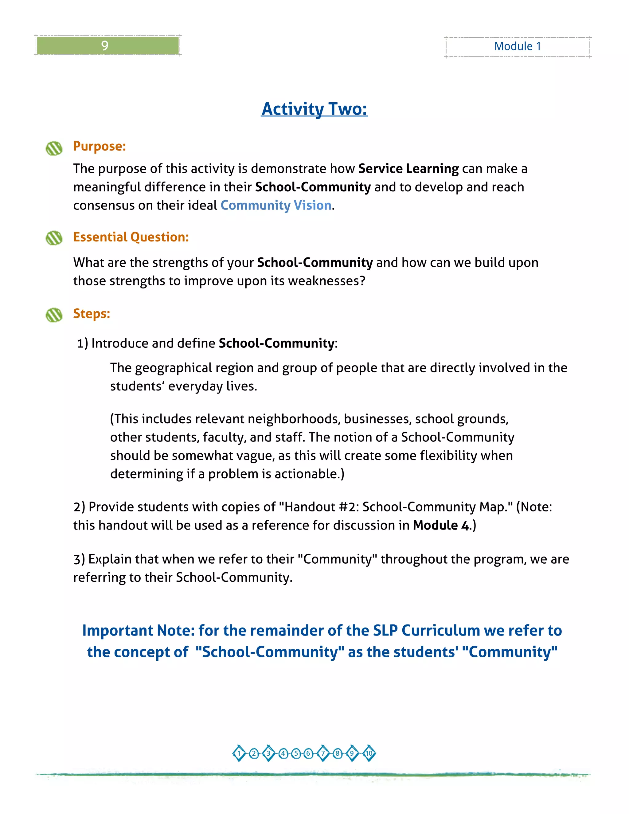 9 Module 1
Purpose:
The purpose of this activity is demonstrate how Service Learning can make a
meaningful difference in their School-Community and to develop and reach
consensus on their ideal Community Vision.
Essential Question:
What are the strengths of your School-Community and how can we build upon
those strengths to improve upon its weaknesses?
Steps:
1) Introduce and define School-Community:
The geographical region and group of people that are directly involved in the
students?everyday lives.
(This includes relevant neighborhoods, businesses, school grounds,
other students, faculty, and staff. The notion of a School-Community
should be somewhat vague, as this will create some flexibility when
determining if a problem is actionable.)
2) Provide students with copies of "Handout # 2: School-Community Map." (Note:
this handout will be used as a reference for discussion in Module 4.)
3) Explain that when we refer to their "Community" throughout the program, we are
referring to their School-Community.
Important Note: for the remainder of the SLPCurriculum we refer to
the concept of "School-Community" as the students' "Community"
Activity Two:
 