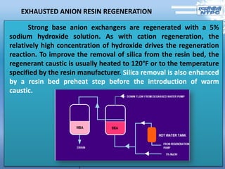 EXHAUSTED ANION RESIN REGENERATION
Strong base anion exchangers are regenerated with a 5%
sodium hydroxide solution. As with cation regeneration, the
relatively high concentration of hydroxide drives the regeneration
reaction. To improve the removal of silica from the resin bed, the
regenerant caustic is usually heated to 120°F or to the temperature
specified by the resin manufacturer. Silica removal is also enhanced
by a resin bed preheat step before the introduction of warm
caustic.
 