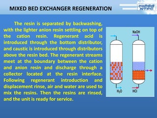 MIXED BED EXCHANGER REGENERATION
The resin is separated by backwashing,
with the lighter anion resin settling on top of
the cation resin. Regenerant acid is
introduced through the bottom distributor,
and caustic is introduced through distributors
above the resin bed. The regenerant streams
meet at the boundary between the cation
and anion resin and discharge through a
collector located at the resin interface.
Following regenerant introduction and
displacement rinse, air and water are used to
mix the resins. Then the resins are rinsed,
and the unit is ready for service.
 