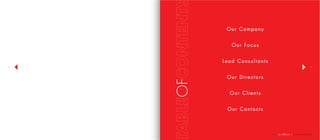 | company profile
32
OF
O u r C o m p a n y
O u r F o c u s
L e a d C o n s u l t a n t s
O u r D i r e c t o r s
O u r C l i e n t s
O u r C o n t a c t s
 