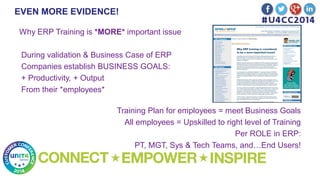 EVEN MORE EVIDENCE!
Why ERP Training is *MORE* important issue
During validation & Business Case of ERP
Companies establish BUSINESS GOALS:
+ Productivity, + Output
From their *employees*
Training Plan for employees = meet Business Goals
All employees = Upskilled to right level of Training
Per ROLE in ERP:
PT, MGT, Sys & Tech Teams, and…End Users!
 