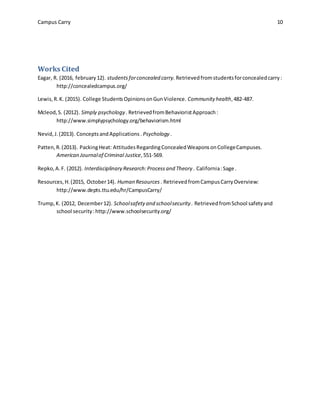 Campus Carry 10
Works Cited
Eagar, R. (2016, february12). studentsforconcealed carry. Retrievedfromstudentsforconcealedcarry:
http://concealedcampus.org/
Lewis,R.K. (2015). College StudentsOpinionsonGunViolence. Community health,482-487.
Mcleod,S. (2012). Simply psychology . RetrievedfromBehavioristApproach:
http://www.simplypsychology.org/behaviorism.html
Nevid,J.(2013). ConceptsandApplications. Psychology .
Patten,R.(2013). PackingHeat: AttitudesRegardingConcealedWeaponsonCollegeCampuses.
American Journalof Criminal Justice,551-569.
Repko,A.F. (2012). Interdisciplinary Research:Processand Theory . California:Sage .
Resources,H.(2015, October14). Human Resources . RetrievedfromCampusCarryOverview:
http://www.depts.ttu.edu/hr/CampusCarry/
Trump,K. (2012, December12). Schoolsafety and schoolsecurity . RetrievedfromSchool safetyand
school security:http://www.schoolsecurity.org/
 