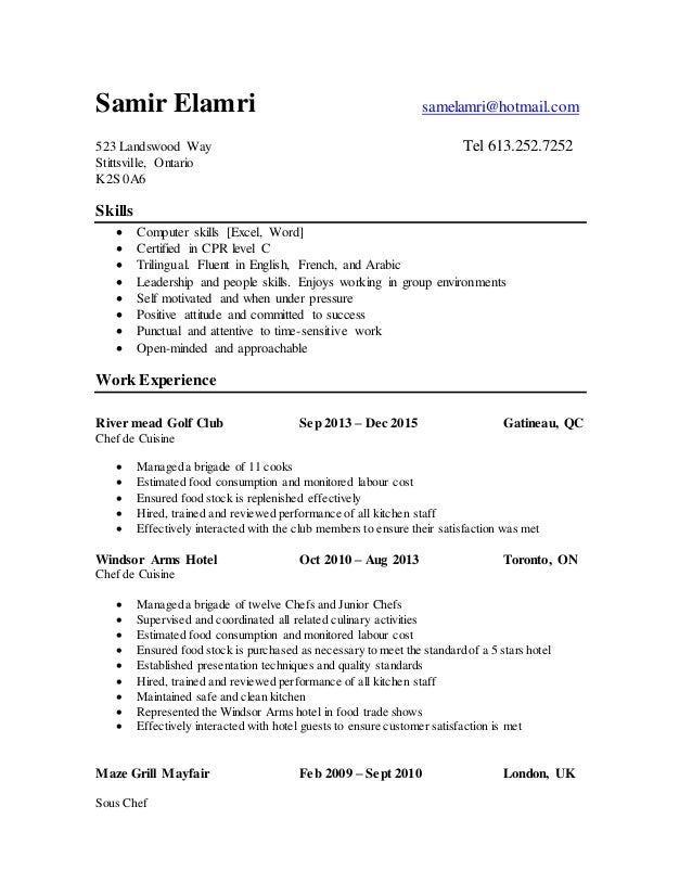 chef samir resume chef de cuisine resumes