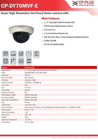CP-DY70MVF-E
Super High Resolution Vari-Focal Dome camera with
                                                              Main Features
                                                                 1 / 3" Sony Super HAD II Hi Sensitive CCD
                                                                 700 TVL Super High Resolution Camera
                                                                 0.01 lux @ F1.2
                                                                 4~9 mm Vari-Focal Auto Iris Lens
                                                                 AGC, AES, BLC, Mirror, Privacy Masking and Motion Detection
                                                                 D-WDR, 2D-DNR
                                                                 CE, FCC and RoHS Certified



                          50
                          S/N Ratio

                          S/N Ratio




                                         Wide Dynamic
                                            Range




Feature                               Specification
Image Sensor                          1 / 3" Sony Super HAD II Hi-sensitive CCD & DSP
Pixels                                PAL:960Hx582V, NTSC:967Hx494V
Resolution                            700 TVL
Min. Illumination                     0.01 lux @F1.2
S/N Ratio                             more than 50dB
Electronic Shutter                    1/50(1/60) - 1/100000 Sec
Iris Control                          Auto
Lens                                  4~9 mm
Focus Mode                            Auto Iris
Gamma Correction                      0.45
White Balance (AWB)                   ON/OFF Selectable
Gain Control (AGC)                    ON/OFF Selectable
Back Light Compensation               ON/OFF Selectable
Sync                                  Internal
Video Output                          1.0 Vp-p/75 ohm
Special Functions                     OSD, Camera Title, Mirror, Privacy Masking=8, Motion Detection=4, D-WDR, 2D-DNR
Power Supply                          DC 12V ± 5%
Power Consumption                     <3W
Dimensions                            100 x 150
Weight                                350 g
Operating Temperature                 -20~50 °C
Certifications                        CE, FCC, RoHs




                                                                             *Product casing and specifications are subject to change without prior notice
 