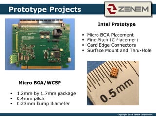 Copyright 2016 ZENEM Corporation
Intel Prototype
 Micro BGA Placement
 Fine Pitch IC Placement
 Card Edge Connectors
 Surface Mount and Thru-Hole
Prototype Projects
Micro BGA/WCSP
 1.2mm by 1.7mm package
 0.4mm pitch
 0.23mm bump diameter
 