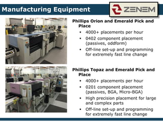 Phillips Orion and Emerald Pick and
Place
 4000+ placements per hour
 0402 component placement
(passives, oddform)
 Off-line set-up and programming
for extremely fast line change
Phillips Topaz and Emerald Pick and
Place
 4000+ placements per hour
 0201 component placement
(passives, BGA, Micro-BGA)
 High precision placement for large
and complex parts
 Off-line set-up and programming
for extremely fast line change
Manufacturing Equipment
 