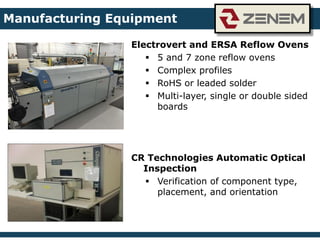 Electrovert and ERSA Reflow Ovens
 5 and 7 zone reflow ovens
 Complex profiles
 RoHS or leaded solder
 Multi-layer, single or double sided
boards
CR Technologies Automatic Optical
Inspection
 Verification of component type,
placement, and orientation
Manufacturing Equipment
 