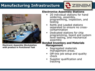 Electronics Assembly Stations
 20 individual stations for hand
soldering, assembly,
programming, inspection, and
testing
 RoHS and Leaded stations
separated to ensure no cross-
contamination
 Dedicated stations for chip
programming, board and system
level testing, and mechanical
assembly
Bonded Inventory and Materials
Management
 Segregated materials
management areas.
 Off-line job setup and quality
check
 Supplier qualification and
tracking
Electronic Assembly Workstation
with product in Functional Test
Manufacturing Infrastructure
 