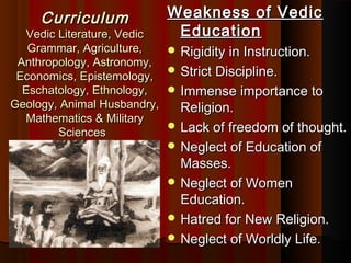 CurriculumCurriculum
Vedic Literature, VedicVedic Literature, Vedic
Grammar, Agriculture,Grammar, Agriculture,
Anthropology, Astronomy,Anthropology, Astronomy,
Economics, Epistemology,Economics, Epistemology,
Eschatology, Ethnology,Eschatology, Ethnology,
Geology, Animal Husbandry,Geology, Animal Husbandry,
Mathematics & MilitaryMathematics & Military
SciencesSciences
Weakness of VedicWeakness of Vedic
EducationEducation
 Rigidity in Instruction.Rigidity in Instruction.
 Strict Discipline.Strict Discipline.
 Immense importance toImmense importance to
Religion.Religion.
 Lack of freedom of thought.Lack of freedom of thought.
 Neglect of Education ofNeglect of Education of
Masses.Masses.
 Neglect of WomenNeglect of Women
Education.Education.
 Hatred for New Religion.Hatred for New Religion.
 Neglect of Worldly Life.Neglect of Worldly Life.
 