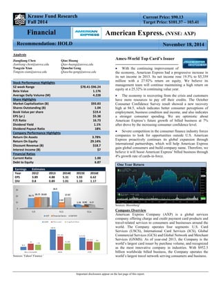 Krause Fund Research 
Fall 2014 
Current Price: $90.13 
Target Price: $101.37 – 103.41 
American Express. (NYSE: AXP) 
Important disclosures appear on the last page of this report. 
Financial 
Recommendation: HOLD 
Analysts 
Jiangliang Chen 
Jianliang-chen@uiowa.edu 
Qiao Huang 
Qiao-huang@uiowa.edu 
Tongxin Xian 
Tongxin-xian@uiowa.edu 
Qiaochu Geng 
Qiaochu-geng@uiowa.edu 
Stock Performance Highlights 
52 week Range $78.41‐$96.24 
Beta Value 1.176 
Average Daily Volume (M) 4.228 
Share Highlights 
Market Capitalization (B) $93.83 
Shares Outstanding (B) 1.04 
Book Value per share $19.4 
EPS (yr.) $5.38 
P/E Ratio 16.73 
Dividend Yield 1.1% 
Dividend Payout Ratio 18% 
Company Performance Highlights 
Return On Assets 3.78% 
Return On Equity 29.14% 
Discount Revenue (B) $18.7 
Interest Income (B) $7 
Financial Ratios 
Current Ratio 1.00 
Debt to Equity 6.87 
Earnings Estimates 
Year 2012 2013 2014E 2015E 2016E 
EPS 3.89 4.88 5.31 5.93 6.62 
DIV 0.8 0.89 1.01 1.10 1.17 
Sources: Yahoo! Finance i 
November 18, 2014 
Amex-World Top Card’s Issuer 
 With the continuing improvement of 
the economy, American Express had a progressive increase in 
its net income in 2013. Its net income rose 19.5% to $5,359 
million with a 27.92% return on equity. We believe its 
management team will continue maintaining a high return on 
equity at a 25.32% in continuing value year. 
 The economy is recovering from the crisis and customers 
have more resources to pay off their credits. The October 
Consumer Confidence Survey result showed a new recovery 
high at 94.5, which indicates better consumer perceptions of 
employment, business condition and income, and also indicates 
a stronger consumer spending. We are optimistic about 
American Express’s future growth of billed business at 7% 
after drove by the increasing consumer confidence level. 
 Severe competition in the consumer finance industry forces 
companies to look for opportunities outside U.S. American 
Express proactively continues its global expansion through 
international partnerships, which will help American Express 
gain global consumers and build company name. Therefore, we 
believe it will boost American Express’ billed business through 
4% growth rate of cards-in-force. 
One Year Return 
Sources: Bloombergii 
Company Overview 
American Express Company (AXP) is a global services 
company offering charge and credit payment card products and 
travel-related services to consumers and businesses around the 
world. The Company operates four segments: U.S. Card 
Services (USCS), International Card Services (ICS), Global 
Commercial Services (GCS) and Global Network and Merchant 
Services (GNMS). As of year-end 2013, the Company is the 
world’s largest card issuer by purchase volume, and recognized 
as the most innovative company in industries. With $952.3 
billion worldwide billed business, the Company operates the 
world’s largest travel network serving consumers and business. 
 