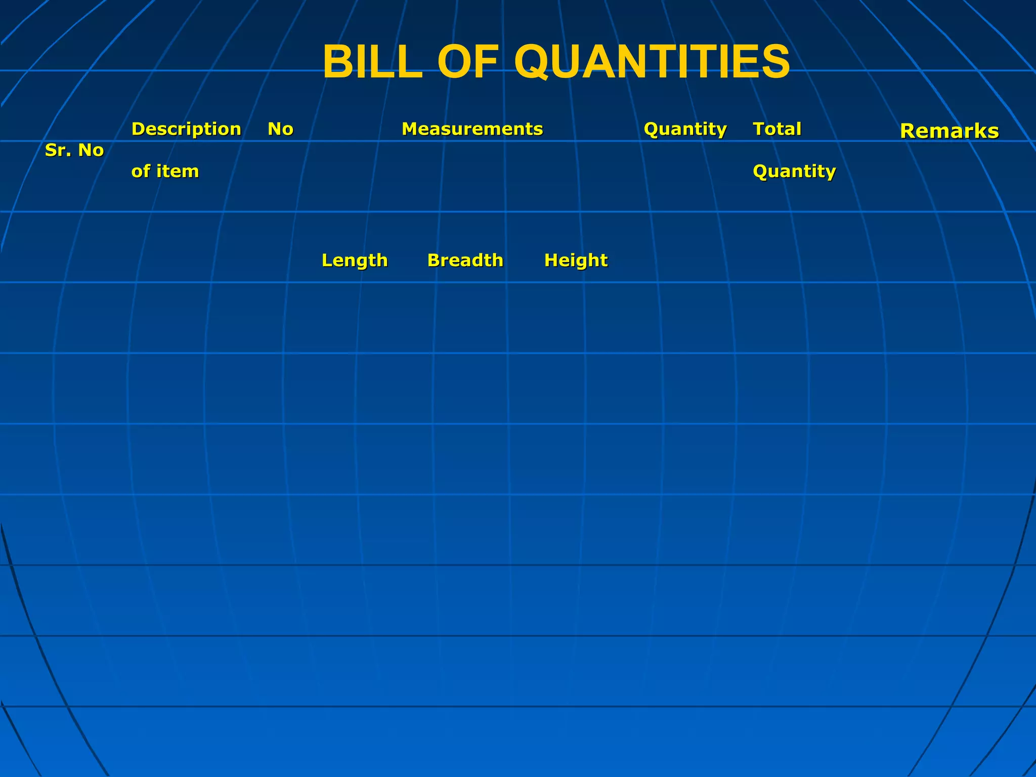 BILL OF QUANTITIES
Sr. NoSr. No
DescriptionDescription
of itemof item
NoNo MeasurementsMeasurements QuantityQuantity TotalTotal
QuantityQuantity
RemarksRemarks
LengthLength BreadthBreadth HeightHeight
 