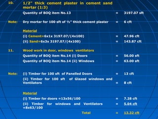 10. 1/2” thick cement plaster in cement sand
mortar (1:3)
Quantity of BOQ item No.13 = 3197.07 sft
Note: Dry mortar for 100 sft of ½” thick cement plaster = 6 cft
Material
(i) Cement=6x1x 3197.07/(4x100) = 47.96 cft
(ii) Sand=6x3x 3197.07/(4x100) = 143.87 cft
11. Wood work in door, windows ventilators
Quantity of BOQ item No.14 (i) Doors = 56.00 sft
Quantity of BOQ item No.14 (ii) Windows = 63.00 sft
Note: (i) Timber for 100 sft of Panelled Doors = 13 cft
(ii) Timber for 100 sft of Glazed windows and
Ventilators = 8 cft
Material
(i) Timber for doors =13x56/100 = 7.28 cft
(ii) Timber for windows and Ventilators
=8x63/100
= 5.04 cft
Total = 13.32 cft
 
