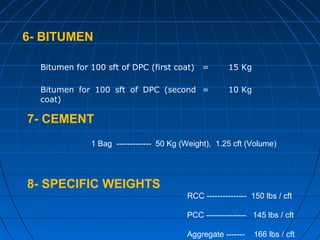 6- BITUMEN
Bitumen for 100 sft of DPC (first coat) = 15 Kg
Bitumen for 100 sft of DPC (second
coat)
= 10 Kg
7- CEMENT
1 Bag ------------- 50 Kg (Weight), 1.25 cft (Volume)
8- SPECIFIC WEIGHTS
RCC --------------- 150 lbs / cft
PCC --------------- 145 lbs / cft
Aggregate ------- 166 lbs / cft
 