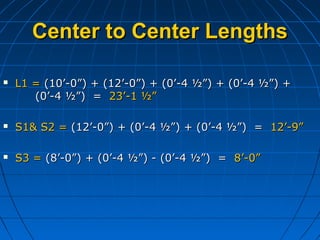 Center to Center LengthsCenter to Center Lengths
 L1 =L1 = (10’-0”) + (12’-0”) + (0’-4 ½”) + (0’-4 ½”) +(10’-0”) + (12’-0”) + (0’-4 ½”) + (0’-4 ½”) +
(0’-4 ½”) =(0’-4 ½”) = 23’-1 ½”23’-1 ½”
 S1& S2 =S1& S2 = (12’-0”) + (0’-4 ½”) + (0’-4 ½”) =(12’-0”) + (0’-4 ½”) + (0’-4 ½”) = 12’-9”12’-9”
 S3 =S3 = (8’-0”) + (0’-4 ½”) - (0’-4 ½”) =(8’-0”) + (0’-4 ½”) - (0’-4 ½”) = 8’-0”8’-0”
 