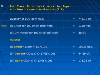 5. Ist Class Burnt brick work in Super
structure in cement sand mortar (1:4)
Quantity of BOQ item No.6 = 743.17 cft
Note: (i) Bricks for 100 cft of brick work = 1350 Nos.
(ii) Dry mortar for 100 cft of brik work = 30 cft
Material
(i) Bricks=1350x743.17/100 = 10033 Nos.
(ii) Cement=30x1x743.17/(5x100) = 44.59 cft
(iii) Sand=30x4x747.13/(5x100) = 178.36 cft
 