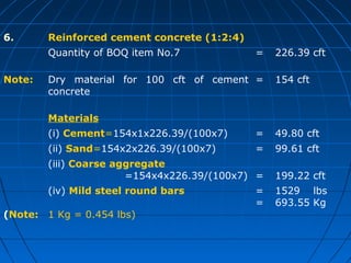 6. Reinforced cement concrete (1:2:4)
Quantity of BOQ item No.7 = 226.39 cft
Note: Dry material for 100 cft of cement
concrete
= 154 cft
Materials
(i) Cement=154x1x226.39/(100x7) = 49.80 cft
(ii) Sand=154x2x226.39/(100x7) = 99.61 cft
(iii) Coarse aggregate
=154x4x226.39/(100x7) = 199.22 cft
(Note:
(iv) Mild steel round bars
1 Kg = 0.454 lbs)
=
=
1529 lbs
693.55 Kg
 