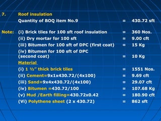 7. Roof insulation
Quantity of BOQ item No.9 = 430.72 sft
Note: (i) Brick tiles for 100 sft roof insulation = 360 Nos.
(ii) Dry mortar for 100 sft = 9.00 cft
(iii) Bitumen for 100 sft of DPC (first coat) = 15 Kg
(iv) Bitumen for 100 sft of DPC
(second coat) = 10 Kg
Material
(i) 1 ½” thick brick tiles = 1551 Nos.
(ii) Cement=9x1x430.72/(4x100) = 9.69 cft
(iii) Sand=9x4x430.72/(4x100) = 29.07 cft
(iv) Bitumen =430.72/100 = 107.68 Kg
(v) Mud /Earth filling=430.72x0.42 = 180.90 cft
(Vi) Polythene sheet (2 x 430.72) = 862 sft
 