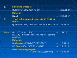 8. Sand under floors
Quantity of BOQ item No.10 = 213.11 cft
Material
Sand = 213.11 cft
9. 1 ½” thick cement concrete (1:2:4) in
floors
Quantity of BOQ item No.12=457.80x0.125 = 57.23 cft
Note: (i) 1 ½” = 0.125 ft
(ii) Dry material for 100 cft of cement
concrete
= 154 cft
Materials
(i) Cement=154x1x57.23/(100x7) = 12.59 cft
(ii) Sand=154x2x57.23/(100x7) = 25.18 cft
(iii) Coarse aggregate
=154x4x57.23/(100x7) = 50.36 cft
 