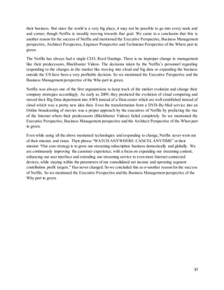 37
their business. But since the world is a very big place, it may not be possible to go into every nook and
and corner, though Netflix is steadily moving towards that goal. We came to a conclusion that this is
another reason for the success of Netflix and mentioned the Executive Perspective, Business Management
perspective, Architect Perspective, Engineer Perspective and Technician Perspective of the Where part in
green.
The Netflix has always had a single CEO, Reed Hastings. There is no improper change in management
like their predecessors, Blockbuster Videos. The decisions taken by the Netflix’s personnel regarding
responding to the changes in the market like moving into cloud and big data or expanding the business
outside the US have been a very profitable decision. So we mentioned the Executive Perspective and the
Business Management perspective of the Who part in green.
Netflix was always one of the first organizations to keep track of the market evolution and change their
company strategies accordingly. As early as 2009, they predicted the evolution of cloud computing and
moved their Big Data department into AWS instead of a Data center which are well established instead of
cloud which was a pretty new idea then. Even the transformation from a DVD-By-Mail service into an
Online broadcasting of movies was a proper approach by the executives of Netflix by predicting the rise
of the Internet where their predecessors (Blockbuster Videos) failed completely. So we mentioned the
Executive Perspective, Business Management perspective and the Architect Perspective of the When part
in green.
Even while using all the above mentioned technologies and responding to change, Netflix never went out
of their mission and vision. Their phrase “WATCH ANYWHERE. CANCEL ANYTIME” or their
mission “Our core strategy is to grow our streaming subscription business domestically and globally. We
are continuously improving the customer experience, with a focus on expanding our streaming content,
enhancing our user interface and extending our streaming service to even more Internet-connected
devices, while staying within the parameters of our consolidated net income and operating segment
contribution profit targets.” Has never changed. So we concluded this as o=another reason for the success
of Netflix. So we mentioned the Executive Perspective and the Business Management perspective of the
Why part in green.
 