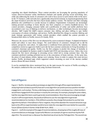 48
expanding into digital distribution. These content providers are leveraging the growing popularity of
various direct-to-consumer online distribution channels and rapidly growing social networking sites,
while also addressing the needs of consumers who wish to have access to such content while on the move.
In the TV business, cable networks have significantly attracted investments in original programming from
the major broadcast networks that have faced steady audience erosion. The Internet and other emerging
platforms also contributed to a secular increase in audience fragmentation. Consumers are increasingly
making personal recordings at home directly onto their computers or wireless handheld devices. For
content providers, changing consumer habits and a proliferation of online and mobile platforms have
necessitated a new way of thinking on delivery mechanisms, as older technologies become increasingly
obsolete. S&P Capital IQ (S&P) expects consumer time shifting and place shifting to spur further
convergence of content, technology, and services. Netflix identified this change in customer thinking and
made strategic agreements with various content providers which enabled the content providers to
broadcast their shows to Netflix viewers (N.Amobi, 2014)
Moreover, the success of the firm was not obstructed by socio-economical changes. It adapted its business
model and culture to meet these changes. The social behavior of customers changed and so did the
industry perspective and culture. In replacement to traditional brick-and-mortar structure, the industry
competitors started an aggressive battle to provide the best customer satisfaction (to bring the products to
customer's doorstep) and quality. Netflix was the first company to predict this change of mentality in
customers and adapted its business model to handle both DVD and streaming services. Infact, they were
enjoyed the first mover advantage in streaming service which led to strong customer base. Also, the
customers preferred watching unlimited movies at the convenience of home and time. At the same time,
the prices of smart phones, tablets, laptops were reducing. Hence in order to capture this smart devices
market, Netflix developed apps which supported content streaming on most of the internet enabled
devices (Rome BUsiness School)
It can be concluded that above mentioned facts are the main reasons for success of Netflix according to
the analysis conducted in this case study using Zachman framework.
List of Figures
Figure 1 : Netflix iteratesquicklytoprototype analgorithmthroughoffline experimentationby
analyzinghistorical datatoquantifyhowwell anew algorithmcanpredictpreviouspositive member
engagement,suchasplays.The keyunderlyingassumption,whichisnotalwaystrue,isthat members
wouldhave engagedwiththeirproductinexactlythe same way,forexample,playingthe same videos,
had the newalgorithmbeenusedtogenerate recommendations.Once theysee encouraging-enough
resultsinofflineexperiments,theybuildanA/Btestto use the new algorithmtogenerate
recommendationsformembers.If the A/Btestsucceeds,theychange theirproducttouse that new
algorithmbydefault.If the A/Btestisflator negative,theyeitherabandonthe researchdirectionorgo
back to the offline experimentationworldtotryto make the new algorithmevenbetterfora possible
future A/B test (Carlos A.Gomez-Uribe & Neil Hunt, 2015) ....................................................................9
Figure 2 : : (Left) Anexampleof the page of recommendations,showingtwoof the roughly40 rowsof
recommendationsonthatpage.Suspenseful Moviesisanexample of agenre row drivenbythe PVR
algorithm.The secondrowisa Because YouWatchedrow drivenbythe PVRalgorithm.The secondrow
 