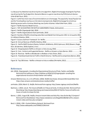 49
isa Because YouWatched rowdrivenbythe simsalgorithm.(Right) A homepage showingthe TopPicks
row drivenbythe Top N algorithm.RomanticMoviesisa genre row drivenbyPVR(CarlosA.Gomez-
Uribe & Neil Hunt, 2015)...................................................................................................................11
Figure 3 : (Left) Twomore rows of recommendationsonahomepage.The popularity-heavyPopularrow
and the TrendingNowrowfocuson the latestviewingtrends.(Right)A homepage foraContinue
Watching sessionwith a Continue Watching row (Carlos A.Gomez-Uribe & Neil Hunt, 2015) ................11
Figure 4 : Netflix Business Model Canvas............................................................................................17
Figure 5 : TOP 10 COUNTRIES FOR NETFLIX SUBSCRIBERS (Toledo, ExStreamist)...................................19
Figure 6 : Netflix Organigraph (Adi, 2014)...........................................................................................27
Figure 7 : Netflix Organizational Chart (amrhodes, 2014) ....................................................................27
Figure 8 : Numberof Netflix streamingsubscribersworldwidefrom3rdquarter 2011 to 1st quarter2016
(in millions) (Statista, 2016)...............................................................................................................30
Figure 9 : Success Zachman Framework for Netflix............................................................................36
Figure 10 : Annual Revenue of Netflix (Statista, 2016) .........................................................................38
Figure 11 : NetflixSWOTAnalysis(Davies,Fairbairn,&McNulty,2013) (Uphouse,2012) (Bowen,Diagle,
Dion, &Valentine, 2014) (Cigliano, et al.)...........................................................................................39
Figure 12 : Shopping Spree Netflix vs Amazon vs Hulu (Leung, 2016) ...................................................43
Figure 13 : Cost , Content and Supported Devices - Netflix vs Amazon vs Hulu (Barron, 2015) ...............44
Figure 14 : Revenue : Netflix vs Blockbuster vs Redbox vs Hulu (Team, 2012) .......................................45
Figure 15 : PeakDownloadInternetTrafficinNorthAmerica - Netflix anditscompetitors(Barron,2015)
........................................................................................................................................................45
Figure 16 : Top 200 shows - Netflix vs Amazon vs hulu vs redbox (Permalink, 2012)..............................46
References
Adi.(2014). Organigraphs:Unveiling theOrganizationalStructureof Tesla,Twitter,and Netflix.
Retrievedfromadithya.co:https://adithya.co/2014/12/12/organigraphs-unveiling-the-
organizational-structure-of-tesla-twitter-and-netflix/
AmazonWebServices,Inc.orits affiliates.(2016). Netflix CaseStudy.(Amazon) Retrieved2016, from
https://aws.amazon.com/solutions/case-studies/netflix/
amrhodes.(2014, March 5). Netflix. Retrievedfromcogmap:http://www.cogmap.com/chart/Netflix
Bachman,J. (2014, July2). The Futureof Netflix Isn'tHouseof Cards,It'sShowsforKids. Retrievedfrom
Bloomberg:http://www.bloomberg.com/news/articles/2014-07-01/the-future-of-netflix-isnt-
house-of-cards-its-shows-for-kids
Barron, J.(2015, August28). Netflix,Amazon InstantVideo and Hulu Plus:How Do the Big 3 Compare?
RetrievedfromNextAdvisor:http://www.nextadvisor.com/blog/2015/08/28/netflix-amazon-
instant-video-and-hulu-plus-compare/
Beal,V.(2016). CDN - ContentDelivery Network.Retrievedfrom
http://www.webopedia.com/TERM/C/CDN.html
 