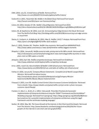 51
CNN.(2014, July21). A brief history of Netflix.Retrievedfrom
http://www.cnn.com/2014/07/21/showbiz/gallery/netflix-history/
Cockcroft,A.(2011, November18). Netflix in theGlobal Cloud. Retrievedfromlanyrd:
http://lanyrd.com/2011/qcon-san-francisco/smfxq/
Cohen,M. (2013, October27-29). Netflix’sCloud Migration. RetrievedfromDCIA:
http://dcia.info/activities/ccw2013/10-28%20CCW2013%20Opening%20Mikey%20Cohen.pdf
Cohen,M.,& Hawthorne,M. (2013, June 12). Announcing Zuul:EdgeServicein the Cloud. Retrieved
fromThe NetflixTechBlog:http://techblog.netflix.com/2013/06/announcing-zuul-edge-service-
in-cloud.html
Davies,R.,Fairbairn,H.,& McNulty,M. (2013, May 2). Netflix:S.W.O.T.Analysis. RetrievedfromPrezi:
https://prezi.com/6gilut2g6h7b/netflix-swot-analysis/
Davis,C. (2015, October16). Timeline: Netflix'skey moments.RetrievedfromWKBWBUFFALO:
http://www.wkbw.com/news/us-news-world/timeline-netflixs-biggest-moments
Dhapola,S.(2016, January8). Netflix comesto India,pricing start at Rs 500 a month.Retrievedfrom
http://indianexpress.com/article/technology/tech-news-technology/netflix-launches-in-india-
plans-start-at-500-rupees-a-month/
dribayles.(2012,April 26). Netflix competitivelandscape. RetrievedfromSlideShare:
http://www.slideshare.net/dribayles/netflix-competitive-landscape
Ernie.(2015, march 15). NutsAnd Bolts Of Netflix’sCDN Infrastructure.Retrievedfrom
https://www.bizety.com/2015/03/15/nuts-and-bolts-of-netflixs-cdn-infrastructure/
Farhan,B. (2016, January 8). Company Mission Statements - CompleteListof World’sLargestRetail
Missions. Retrievedfromaboutmoney:
http://retailindustry.about.com/od/retailbestpractices/ig/Company-Mission-
Statements/Netflix-Movies-Mission-Statement.htm
Filwood,D.(2015, June 29). Netflix ContactCenterCultureIncreasesCustomerSatisfaction. Retrieved
fromLinkedIn:https://www.linkedin.com/pulse/netflix-contact-center-culture-increases-
customer-david-filwood
Franken,H.,Djik,S.v., & Gils,B. v.(2013, February8). Three Best Practices forSuccessful
Implementation of EnterpriseArchitectureUsing the TOGAF® Frameworkand theArchiMate®
Modeling Language. Retrievedfromopengroup:https://blog.opengroup.org/2013/02/08/three-
best-practices-for-successful-implementation-of-enterprise-architecture-using-the-togaf-
framework-and-the-archimate-modeling-language/
Garber, M. (2012, May 30). The FutureGrowth of theInternet,in One Chart(and OneGraph). Retrieved
fromThe Atlantic:http://www.theatlantic.com/technology/archive/2012/05/the-future-
growth-of-the-internet-in-one-chart-and-one-graph/257811
 