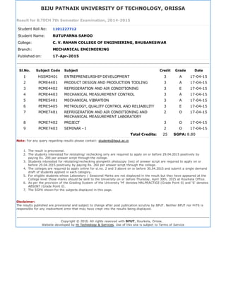 BIJU PATNAIK UNIVERSITY OF TECHNOLOGY, ORISSA
Result for B.TECH 7th Semester Examination, 2014­2015
Student Roll No: 1101227712
Student Name: RUTUPARNA SAHOO
College: C. V. RAMAN COLLEGE OF ENGINEERING, BHUBANESWAR
Branch: MECHANICAL ENGINEERING
Published on: 17­Apr­2015
Sl.No. Subject Code Subject Credit Grade Date
1 HSSM3401 ENTREPRENEURSHIP DEVELOPMENT 3 A 17­04­15
2 PCME4401 PRODUCT DESIGN AND PRODUCTION TOOLING 3 A 17­04­15
3 PCME4402 REFRIGERATION AND AIR CONDITIONING 3 E 17­04­15
4 PCME4403 MECHANICAL MEASUREMENT CONTROL 3 A 17­04­15
5 PEME5401 MECHANICAL VIBRATION 3 A 17­04­15
6 PEME5405 METROLOGY, QUALITY CONTROL AND RELIABILITY 3 E 17­04­15
7 PCME7401 REFRIGERATION AND AIR CONDITIONING AND
MECHANICAL MEASUREMENT LABORATORY
2 O 17­04­15
8 PCME7402 PROJECT 3 O 17­04­15
9 PCME7403 SEMINAR ­ I 2 O 17­04­15
Total Credits: 25 SGPA: 8.80
Note: For any query regarding results please contact: students@bput.ac.in
1.  The result is provisional.
2.  The students interested for retotaling/ rechecking only are required to apply on or before 29.04.2015 positively by
paying Rs. 200 per answer script through the college.
3.  Students interested for retotaling/rechecking alongwith photocopy (ies) of answer script are required to apply on or
before 29.04.2015 positively by paying Rs. 260 per answer script through the college.
4.  The colleges are required to apply online for sl.no. 2 and 3 above on or before 30.04.2015 and submit a single demand
draft of students applied in each category.
5.  For eligible students whose Laboratory / Sessional Marks are not displayed in the result but they have appeared at the
College level those marks should be sent to the University on or before Thursday, April 30th, 2015 at Rourkela Office.
6.  As per the provision of the Grading System of the University 'M' denotes MALPRACTICE (Grade Point 0) and 'S' denotes
ABSENT (Grade Point 0).
7.  The SGPA shown for the subjects displayed in this page.
Disclaimer:
The results published are provisional and subject to change after post publication scruitny by BPUT. Neither BPUT nor HiTS is
responsible for any inadvertent error that may have crept into the results being displayed.
Copyright © 2010. All rights reserved with BPUT, Rourkela, Orissa.  
Website developed by Hi Technology & Services. Use of this site is subject to Terms of Service
 