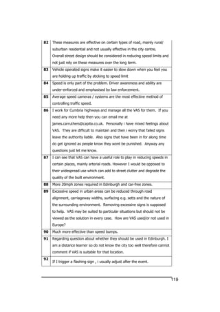 119
82 These measures are effective on certain types of road, mainly rural/
suburban residential and not usually effective in the city centre.
Overall street design should be considered in reducing speed limits and
not just rely on these measures over the long term.
83 Vehicle operated signs make it easier to slow down when you feel you
are holding up traffic by sticking to speed limit
84 Speed is only part of the problem. Driver awareness and ability are
under-enforced and emphasised by law enforcement.
85 Average speed cameras / systems are the most effective method of
controlling traffic speed.
86 I work for Cumbria highways and manage all the VAS for them. If you
need any more help then you can email me at
james.carruthers@capita.co.uk. Personally i have mixed feelings about
VAS. They are difficult to maintain and then i worry that failed signs
leave the authority liable. Also signs that have been in for along time
do get ignored as people know they wont be punished. Anyway any
questions just let me know.
87 I can see that VAS can have a useful role to play in reducing speeds in
certain places, mainly arterial roads. However I would be opposed to
their widespread use which can add to street clutter and degrade the
quality of the built environment.
88 More 20mph zones required in Edinburgh and car-free zones.
89 Excessive speed in urban areas can be reduced through road
alignment, carriageway widths, surfacing e.g. setts and the nature of
the surrounding environment. Removing excessive signs is supposed
to help. VAS may be suited to particular situations but should not be
viewed as the solution in every case. How are VAS used/or not used in
Europe?
90 Much more effective than speed bumps.
91 Regarding question about whether they should be used in Edinburgh. I
am a distance learner so do not know the city too well therefore cannot
comment if VAS is suitable for that location.
92
If I trigger a flashing sign , i usually adjust after the event.
 