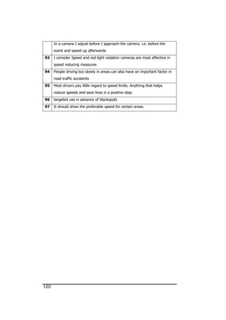 120
In a camera I adjust before I approach the camera. i.e. before the
event and speed up afterwards
93 I consider Speed and red light violation cameras are most effective in
speed reducing measures
94 People driving too slowly in areas can also have an important factor in
road traffic accidents
95 Most drivers pay little regard to speed limits. Anything that helps
reduce speeds and save lives is a positive step.
96 targeted use in advance of blackspots
97 It should show the preferable speed for certain areas.
 