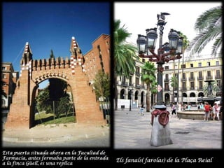 Esta puerta situada ahora en la Facultad de Farmacia, antes formaba parte de la entrada a la finca Güell, es una replicaEls fanals( farolas) de la Plaça Reial
