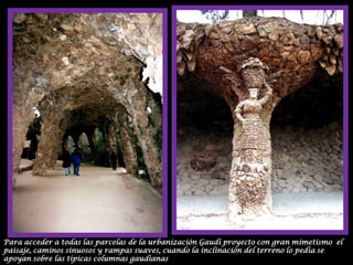 Para acceder a todas las parcelas de la urbanización Gaudí proyecto con gran mimetismo  el paisaje, caminos sinuosos y rampas suaves, cuando la inclinación del terreno lo pedía se apoyan sobre las típicas columnas gaudianas
