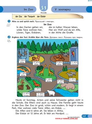 Stunde
117
У зоопаркуIm Zoo 51
hundertsiebzehn
 Höre zu und sprich nach. Прослухай і повтори.
Im Zoo
In den Garten gehen wir, die im kalten Wasser leben.
wilde Tiere wohnen hier. Hier ein Wolf und da ein Affe,
Löwen, Tiger, Eisbären, in der Mitte die Giraffe.
Ergänze den Text. Erzähle über die Tiere. Доповни текст. Розкажи про тварин.
der Zoo der Tierpark der Eisbär
Heute ist Sonntag. Artem und seine Schwester gehen nicht in
die Schule. Die Eltern sind auch zu Hause. Die Familie geht heute
in den Zoo. Der Zoo ist groß, schön und modern. Er liegt in einem
Park. Hier wohnen viele Tiere: Affen, ein Eisbär, ...
Die Affen sind 6 Jahre alt. Sie leben in Afrika.
Der Eisbär ist 12 Jahre alt. Er lebt am Nordpol. …
6 Jahre
Afrika 10 Jahre
Afrika
11 Jahre
Afrika
21 Jahre
Afrika
15 Jahre
Europa
5 Jahre
Europa
12 Jahre
Nordpol
14 Jahre
Afrika
8 Jahre
Europa
9 Jahre
Afrika
13 Jahre
Amerika
www.e-ranok.com.ua
 