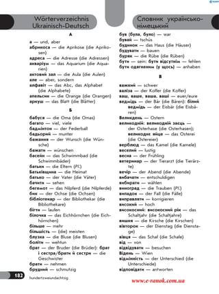 182 hundertzweiundachtzig
Словник українсько-
німецький
Wörterverzeichnis
Ukrainisch-Deutsch
А
а — und, aber
абрикоса — die Aprikose (die Apriko-
sen)
адреса — die Adresse (die Adressen)
акваріум — das Aquarium (die Aqua-
rien)
актовий зал — die Aula (die Aulen)
але — aber, sondern
алфавіт — das Abc, das Alphabet
(die Alphabete)
апельсин — die Orange (die Orangen)
аркуш — das Blatt (die Blätter)
Б
бабуся — die Oma (die Omas)
багато — viel, viele
бадмінтон — der Federball
бадьорий — munter
бажання — der Wunsch (die Wün-
sche)
бажати — wünschen
басейн — das Schwimmbad (die
Schwimmbäder)
батьки — die Eltern (Pl.)
Батьківщина — die Heimat
батько — der Vater (die Väter)
бачити — sehen
бегемот — das Nilpferd (die Nilpferde)
бик — der Ochse (die Ochsen)
бібліотекар — der Bibliothekar (die
Bibliothekare)
бігти — laufen
білочка — das Eichhörnchen (die Eich-
hörnchen)
більше — mehr
більшість — (die) meisten
блузка — die Bluse (die Blusen)
боліти — wehtun
брат — der Bruder (die Brüder): брат
і сестра/брати й сестри — die
Geschwister
брати — nehmen
брудний — schmutzig
був (була, було) — war
бувай — tschüs
будинок — das Haus (die Häuser)
будувати — bauen
буряк — die Rübe (die Rüben)
бути — sein: бути відсутнім — fehlen
бути одягненим (у щось) — anhaben
В
важкий — schwer
валіза — der Koffer (die Koffer)
ваш, ваше, ваша, ваші — euer/eure
ведмідь — der Bär (die Bären): бiлий
ведмiдь — der Eisbär (die Eisbä-
ren)
Великдень — Ostern
великодній: великодній заєць —
der Osterhase (die Osterhasen);
великоднє яйце — das Osterei
(die Ostereier)
верблюд — das Kamel (die Kamele)
веселий — lustig
весна — der Frühling
ветеринар — der Tierarzt (die Tierärz-
te)
вечір — der Abend (die Abende)
вибачати — entschuldigen
вибирати — wählen
виноград — die Trauben (Pl.)
випадок — der Fall (die Fälle)
виправляти — korrigieren
високий — hoch
високосний: високосний рік — das
Schaltjahr (die Schaltjahre)
вишня — die Kirsche (die Kirschen)
вівторок — der Dienstag (die Diensta-
ge)
вівця — das Schaf (die Schafe)
від — von
відвідувати — besuchen
Відень — Wien
відмінність — der Unterschied (die
Unterschiede)
відповідати — antworten
www.e-ranok.com.ua
 