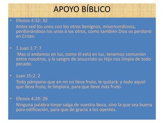 APOYO BÍBLICO
• Efesios 4:32: 32
Antes sed los unos con los otros benignos, misericordiosos,
perdonándoos los unos á los otros, como también Dios os perdonó
en Cristo.
• 1 Juan 1:7: 7
Mas si andamos en luz, como él está en luz, tenemos comunión
entre nosotros, y la sangre de Jesucristo su Hijo nos limpia de todo
pecado.
• Juan 15:2: 2
Todo pámpano que en mí no lleva fruto, le quitará: y todo aquel
que lleva fruto, le limpiará, para que lleve más fruto.
• Efesios 4:29: 29
Ninguna palabra torpe salga de vuestra boca, sino la que sea buena
para edificación, para que dé gracia a los oyentes.
 