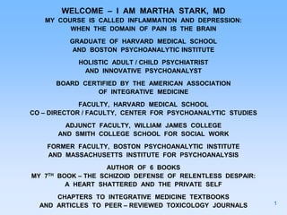 WELCOME – I AM MARTHA STARK, MD
MY COURSE IS CALLED INFLAMMATION AND DEPRESSION:
WHEN THE DOMAIN OF PAIN IS THE BRAIN
GRADUATE OF HARVARD MEDICAL SCHOOL
AND BOSTON PSYCHOANALYTIC INSTITUTE
HOLISTIC ADULT / CHILD PSYCHIATRIST
AND INNOVATIVE PSYCHOANALYST
BOARD CERTIFIED BY THE AMERICAN ASSOCIATION
OF INTEGRATIVE MEDICINE
FACULTY, HARVARD MEDICAL SCHOOL
CO – DIRECTOR / FACULTY, CENTER FOR PSYCHOANALYTIC STUDIES
ADJUNCT FACULTY, WILLIAM JAMES COLLEGE
AND SMITH COLLEGE SCHOOL FOR SOCIAL WORK
FORMER FACULTY, BOSTON PSYCHOANALYTIC INSTITUTE
AND MASSACHUSETTS INSTITUTE FOR PSYCHOANALYSIS
AUTHOR OF 6 BOOKS
MY 7TH BOOK – THE SCHIZOID DEFENSE OF RELENTLESS DESPAIR:
A HEART SHATTERED AND THE PRIVATE SELF
CHAPTERS TO INTEGRATIVE MEDICINE TEXTBOOKS
AND ARTICLES TO PEER – REVIEWED TOXICOLOGY JOURNALS 1
 