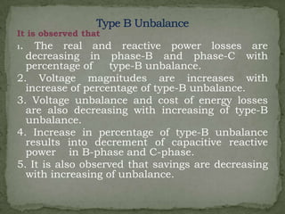 It is observed that
1. The real and

reactive power losses are
decreasing in phase-B and phase-C with
percentage of
type-B unbalance.
2. Voltage magnitudes are increases with
increase of percentage of type-B unbalance.
3. Voltage unbalance and cost of energy losses
are also decreasing with increasing of type-B
unbalance.
4. Increase in percentage of type-B unbalance
results into decrement of capacitive reactive
power in B-phase and C-phase.
5. It is also observed that savings are decreasing
with increasing of unbalance.

 