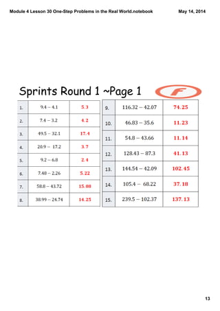 Module 4 Lesson 30 One­Step Problems in the Real World.notebook
13
May 14, 2014
Sprints Round 1 ~Page 1
 