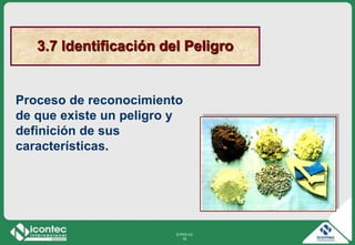 21P03-V2
18
Proceso de reconocimiento
de que existe un peligro y
definición de sus
características.
3.7 Identificación del Peligro
 