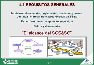 21P03-V2
60
4.1 REQUISITOS GENERALES
Establecer, documentar, implementar, mantener y mejorar
continuamente un Sistema de Gestión en S&SO
Determinar como cumplirá los requisitos
Definir y documentar
”El alcance del SGS&SO”
 