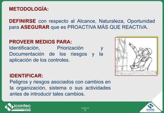 21P03-V2
69
PROVEER MEDIOS PARA:
Identificación, Priorización y
Documentación de los riesgos y la
aplicación de los controles.
METODOLOGÍA:
DEFINIRSE con respecto al Alcance, Naturaleza, Oportunidad
para ASEGURAR que es PROACTIVA MÁS QUE REACTIVA.
IDENTIFICAR:
Peligros y riesgos asociados con cambios en
la organización, sistema o sus actividades
antes de introducir tales cambios.
 