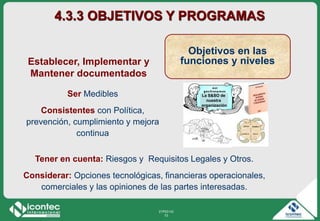21P03-V2
73
Objetivos en las
funciones y nivelesEstablecer, Implementar y
Mantener documentados
Ser Medibles
Consistentes con Política,
prevención, cumplimiento y mejora
continua
4.3.3 OBJETIVOS Y PROGRAMAS
La S&SO de
nuestra
organización
Tener en cuenta: Riesgos y Requisitos Legales y Otros.
Considerar: Opciones tecnológicas, financieras operacionales,
comerciales y las opiniones de las partes interesadas.
 