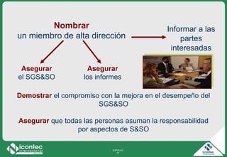 21P03-V2
77
Nombrar
un miembro de alta dirección
Informar a las
partes
interesadas
Demostrar el compromiso con la mejora en el desempeño del
SGS&SO
Asegurar que todas las personas asuman la responsabilidad
por aspectos de S&SO
Asegurar
el SGS&SO
Asegurar
los informes
 