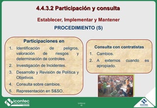 21P03-V2
82
Establecer, Implementar y Mantener
PROCEDIMIENTO (S)
4.4.3.2 Participación y consulta
Participaciones en
1. Identificación de peligros,
valoración de riesgos y
determinación de controles.
2. Investigación de Incidentes.
3. Desarrollo y Revisión de Política y
Objetivos.
4. Consulta sobre cambios.
5. Representación en S&SO.
Consulta con contratistas
1. Cambios.
2. A externos cuando es
apropiado.
 