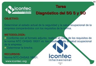21P03-V2
100
21P03-V2
100
Tarea
Diagnóstico del SG S y SO
OBJETIVO:
Determinar el estado actual de la seguridad y la salud ocupacional de la
empresa comparándolos con los requisitos de la norma.
METODOLOGÍA:
Conforme con el formato adjunto, realizar el cruce de los requisitos de
la norma NTC OHSAS 18001 vs. los resultados de la salud ocupacional
de la empresa.
Determinar la brecha.
RECURSOS:
Norma NTC-OHSAS 18001.
ºº
 