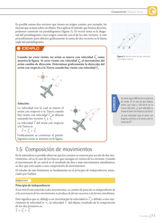 Componente: Procesos físicos



               Es posible sumar dos vectores que tienen un origen común, por ejemplo, las
               fuerzas que actúan sobre un objeto. Para aplicar el método que hemos descrito,
               podemos construir un paralelogramo (figura 5). El vector suma es la diago-
               nal del paralelogramo cuyo origen coincide con el de los dos vectores. A este                                        b
               procedimiento para obtener gráficamente la suma de dos vectores se le llama                           a        aϩ
               regla del paralelogramo.

                         EJEMPLO                                                                               O     b       B


                  Cuando no corre viento, un avión se mueve con velocidad va como                              Figura 5. Vector suma de dos vectores
                                                                                                               con origen común.
                  muestra la figura. Si corre viento con velocidad vb, el movimiento del
                  avión cambia de dirección. Determinar gráficamente la dirección del
                  avión con respecto a la Tierra cuando hay viento con velocidad vv.
                                      N

                                  O       E
                                              va        v
                                      S

                                                   vv



                                                                                                                   Un	avión	viaja	a	800	km/h	en	ausencia	




                                                                                                   EJERCICIO
                                                                                                                   de	 viento.	 En	 el	 caso	 de	 que	 hubiera	
                  Solución:                                                                                        viento	 que	 viaja	 a	 100	 km/h	 en	 la	
                  La velocidad con la cual se mueve el                                                             misma	dirección,	¿a	qué	velocidad	se	
                  avión con respecto a la Tierra cuando                                                            mueve	el	avión	con	respecto	a	la	Tierra?	
                  hay viento con velocidad vv se obtiene                                                           ¿A	 qué	 velocidad	 viaja	 el	 avión	 con	
                  sumando los vectores va y vv .                                                                   respecto	a	la	Tierra	si	el	viento	corre	en	
                  La velocidad v del avión con respecto                                                            contra	de	él?
                  a la Tierra es
                      v 5 va 1 vv
                  Gráficamente se construye el parale-
                  logramo como se muestra en la figura.


               1.5 Composición de movimientos
               En la naturaleza es posible observar que los cuerpos se mueven por acción de dos mo-
               vimientos, tal es el caso de los barcos que navegan en contra de la corriente. Cuando
               el movimiento de un móvil es el resultado de dos o más movimientos simultáneos,
               se dice que está sujeto a una composición de movimientos.
               El estudio de este fenómeno se fundamenta en el principio de independencia, enun-
               ciado por Galileo.

               Definición
               Principio de independencia
               Si un móvil está sometido a dos movimientos, su cambio de posición es independiente de
               si la ocurrencia de los movimientos se produce de forma sucesiva o de forma simultánea.
               Esto significa que si, debido a un movimiento la velocidad es v1 y debido a otro mo-
               vimiento la velocidad es v2 , la velocidad v del objeto, resultado de la composición
               de los dos primeros es:
               v 5 v1 1 v2
                                                                                                                                           © Santillana     73


FI10-U3(68-85).indd 73                                                                                                                                    4/10/10 12:46
 