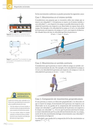 Magnitudes vectoriales



                                                                  En los movimientos uniformes se pueden presentar los siguientes casos:

                                                                  Caso 1. Movimientos en el mismo sentido
                                                                  Consideremos una persona que se encuentra sobre una rampa que se
                                                                  mueve con velocidad v1 . Si la persona se mueve en el mismo sentido, y
                                                                  con velocidad v2 , con respecto a la rampa es posible determinar la velo-
                                                                  cidad de la persona con respecto a un observador en reposo fuera de la
                                                                  rampa. Por ejemplo, si la velocidad de la rampa es 12 m/s y la velocidad
                                                                  de la persona con respecto a la rampa es 2 m/s, con respecto al observa-
                                                                  dor situado fuera de esta, la velocidad que lleva la persona es
          Figura 6. Velocidad de un movimiento que es                                    12 m/s 1 2 m/s 5 14 m/s.
          resultado de la composición de dos movimientos.


                                                                                         v2 ϭ 2 m/s
                                                 vp
                    v0


                                    v

                 v0                       vv
                                                                                                            v1 ϭ 12 m/s
                             vp

          Figura 7. La velocidad v es el resultado de sumar
          la velocidad vp de la plataforma y la velocidad v0
          de la persona.
                                                                  Caso 2. Movimientos en sentido contrario
                                                                  Consideremos que la persona se mueve sobre la rampa en sentido con-
                                                                  trario al movimiento de esta. Por ejemplo, si la velocidad de la rampa es
                                                                  12 m/s y la velocidad de la persona con respecto a la rampa es 2 m/s, la
                                                                  velocidad de la persona es 12 m/s 2 2 m/s 5 10 m/s.


                                                                                                       v ϭ 2 m/s




                                                                                                                   v ϭ 12 m/s

                                  HERRAMIENTA
                                  MATEMÁTICA
                                                                  Caso 3. Composición de movimientos perpendiculares
              Cuando	dos	vectores	están	contenidos	en	la	
              misma	recta,	para	determinar	la	norma	de	la	        Si una persona se mueve en dirección perpendicular a la dirección en
              suma	se	pueden	presentar	dos	casos:                 que se mueve la rampa, el movimiento de la persona con respecto a un
              •	 Si	los	dos	indican	en	el	mismo	sentido,	se	      observador en la vía resulta de la composición del movimiento de la
                 suman	las	normas	y	la	dirección	del	vector	      rampa con velocidad vp y del movimiento de la persona con respecto a
                 suma	coincide	con	la	de	los	dos	vectores.        la rampa con velocidad v0 . A la vez que la persona atraviesa la rampa,
              •	 Si	 los	 dos	 vectores	 indican	 en	 sentidos	   se mueve lateralmente por la acción del movimiento de esta. La compo-
                 contrarios,	se	restan	las	normas	y	la	direc-     sición de los dos movimientos da lugar al movimiento cuya velocidad v
                 ción	de	la	suma	coincide	con	la	dirección	       se representa en la figura 6.
                 del	vector	con	mayor	norma.                      La velocidad v que resulta de la composición de los dos movimientos se
                                                                  expresa v 5 vp 1 v0

    74      © Santillana




FI10-U3(68-85).indd 74                                                                                                                        4/10/10 12:46
 