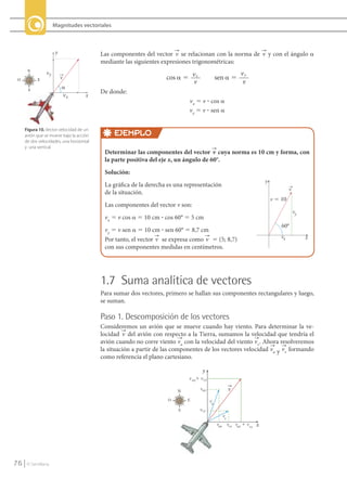 Magnitudes vectoriales



                                               Las componentes del vector v se relacionan con la norma de v y con el ángulo a
                                               mediante las siguientes expresiones trigonométricas:
                                                                                                      vy
                                                                        cos ␣ ϭ v x        sen ␣ ϭ
                                                                                v                      y
                                               De donde:
                                                                                 vx 5 v ? cos a
                                                                                 vy 5 v ? sen a

          Figura 10. Vector velocidad de un
          avión que se mueve bajo la acción         EJEMPLO
          de dos velocidades, una horizontal
          y una vertical.
                                                Determinar las componentes del vector v cuya norma es 10 cm y forma, con
                                                la parte positiva del eje x, un ángulo de 60°.
                                                Solución:
                                                                                                              y
                                                La gráfica de la derecha es una representación
                                                                                                                           v
                                                de la situación.
                                                                                                                  v ϭ 10
                                                Las componentes del vector v son:
                                                                                                                               vy
                                                vx 5 v cos a 5 10 cm ? cos 60° 5 5 cm
                                                                                                                      60º
                                                vy 5 v sen a 5 10 cm ? sen 60° 5 8,7 cm
                                                Por tanto, el vector v se expresa como v 5 (5; 8,7)                   vx            x
                                                con sus componentes medidas en centímetros.




                                               1.7 Suma analítica de vectores
                                               Para sumar dos vectores, primero se hallan sus componentes rectangulares y luego,
                                               se suman.

                                               Paso 1. Descomposición de los vectores
                                               Consideremos un avión que se mueve cuando hay viento. Para determinar la ve-
                                               locidad v del avión con respecto a la Tierra, sumamos la velocidad que tendría el
                                               avión cuando no corre viento va con la velocidad del viento vv . Ahora resolveremos
                                               la situación a partir de las componentes de los vectores velocidad va y vv formando
                                               como referencia el plano cartesiano.




    76      © Santillana




FI10-U3(68-85).indd 76                                                                                                                  4/10/10 12:47
 