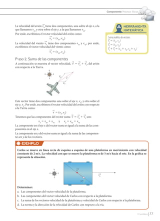 Componente: Procesos físicos




               La velocidad del avión va tiene dos componentes, una sobre el eje x, a la                         HERRAMIENTA
               que llamamos vax y otra sobre el eje y, a la que llamamos vay.                                    MATEMÁTICA
               Por ende, escribimos el vector velocidad del avión como:
                                             va 5 (vax, vay)                                   Suma	analítica	de	vectores
                                                                                               va	5 (vax , vay )
               La velocidad del viento vv tiene dos componentes vvx y vvy, por ende,           vb	5 (vbx , vby )
               escribimos el vector velocidad del viento como:
                                                                                               va	1 vb	5 (vax	1 vbx , vay	1 vby )
                                             vv 5 (vvx, vvy)

               P?aso 2. Suma de las componentes
               A continuación se muestra el vector velocidad, v 5 va 1 vv , del avión
               con respecto a la Tierra.




               Este vector tiene dos componentes una sobre el eje x, vx, y otra sobre el
               eje y, vy. Por ende, escribimos el vector velocidad del avión con respecto
               a la Tierra como:
                                                 v 5 (vx, vy)
               Tenemos que las componentes del vector suma v 5 va 1 vv son:
                                     vx 5 vax 1 vvx y vy 5 vay 1 vvy
               La componente en el eje x del vector suma es igual a la suma de las com-
               ponentes en el eje x.
               La componente en y del vector suma es igual a la suma de las componen-
               tes en y de los vectores.

                         EJEMPLO
                  Carlos se mueve en línea recta de esquina a esquina de una plataforma en movimiento con velocidad
                  constante de 2 m/s. La velocidad con que se mueve la plataforma es de 5 m/s hacia el este. En la gráfica se
                  representa la situación.




                  Determinar:
                  a. Las componentes del vector velocidad de la plataforma.
                  b. Las componentes del vector velocidad de Carlos con respecto a la plataforma.
                  c. La suma de los vectores velocidad de la plataforma y velocidad de Carlos con respecto a la plataforma.
                  d. La norma y la dirección de la velocidad de Carlos con respecto a la vía.


                                                                                                                                    © Santillana     77


FI10-U3(68-85).indd 77                                                                                                                             4/10/10 12:47
 